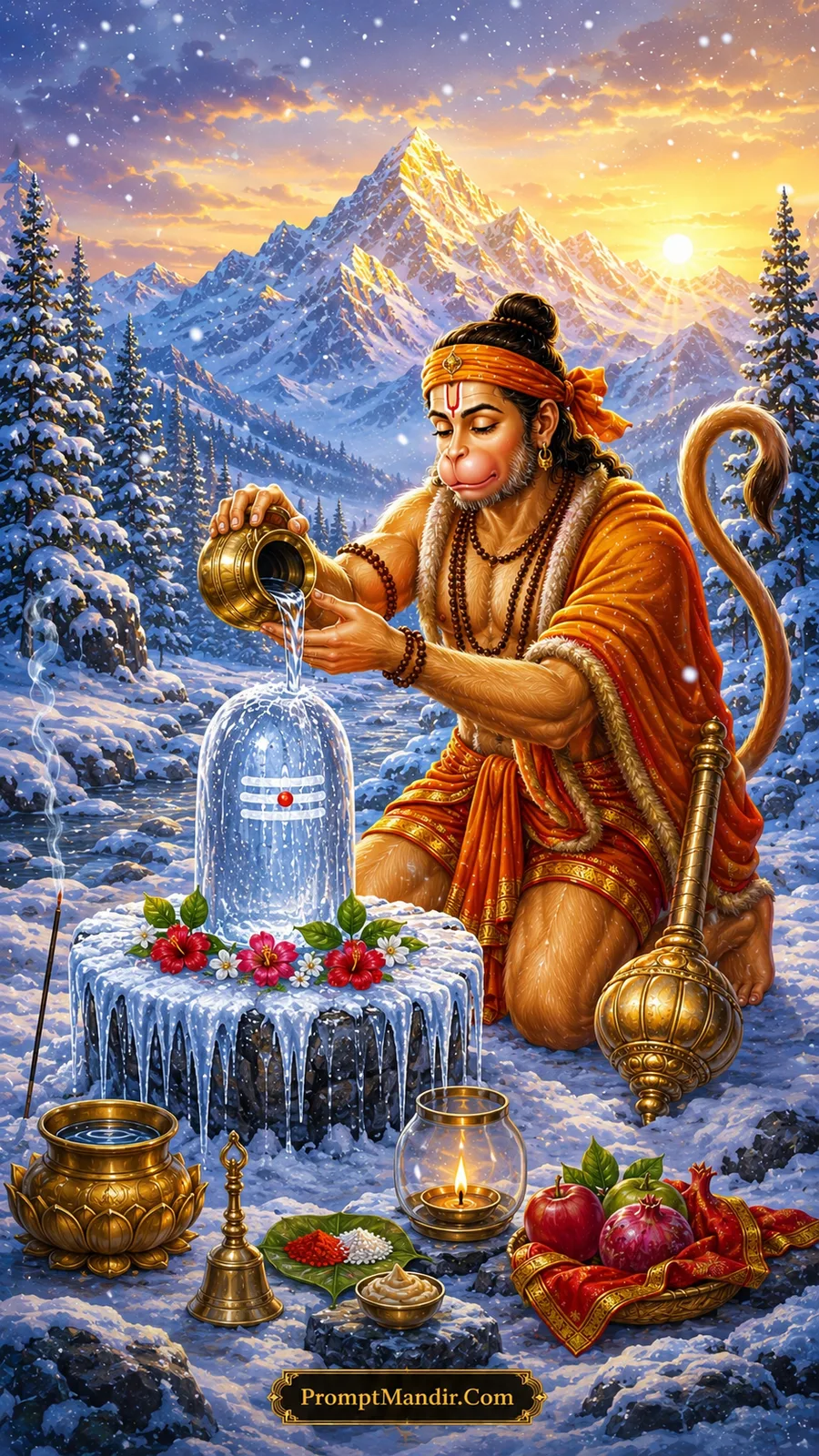 Lord Hanuman worshipping icy Shivling in snowy Himalayan valley landscape