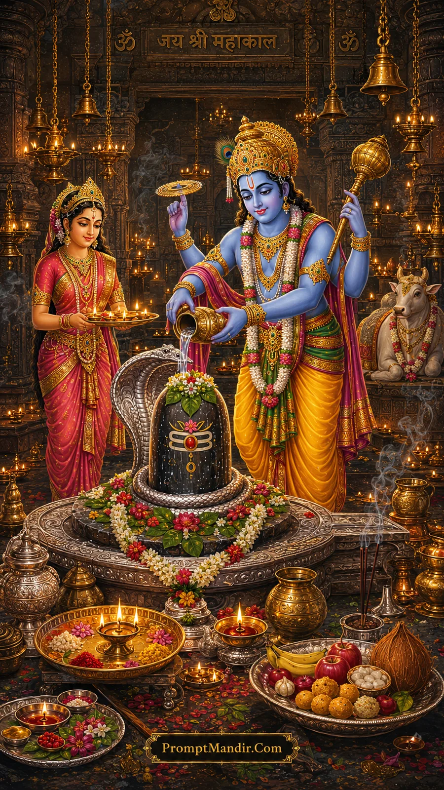Lord Vishnu and goddess devotee offering sacred water to Shivling