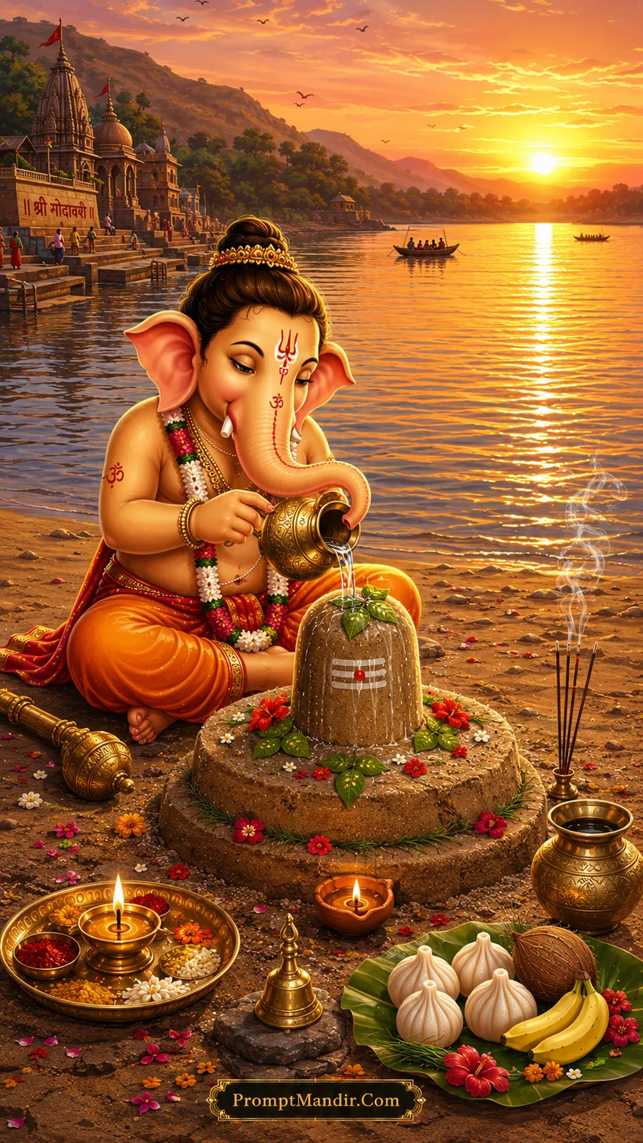 Bal Ganesh performing Shivling abhishek beside peaceful riverside at sunset