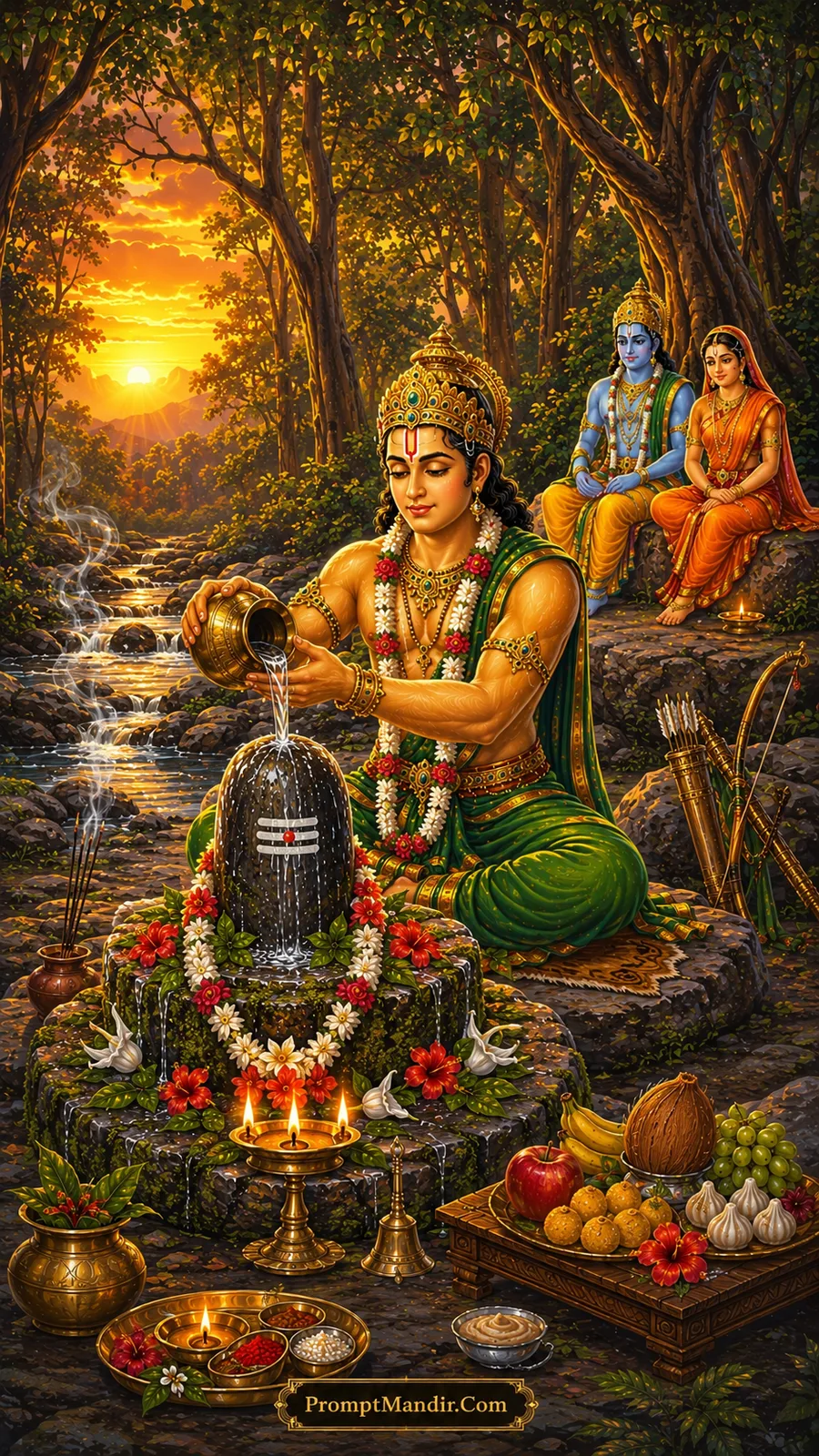Devotee performing Shivling abhishek in forest while Rama and Sita watch