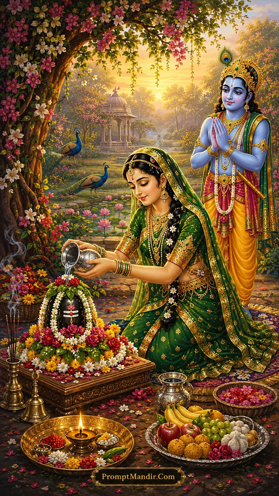 Graceful woman offering water to flower decorated Shivling in garden