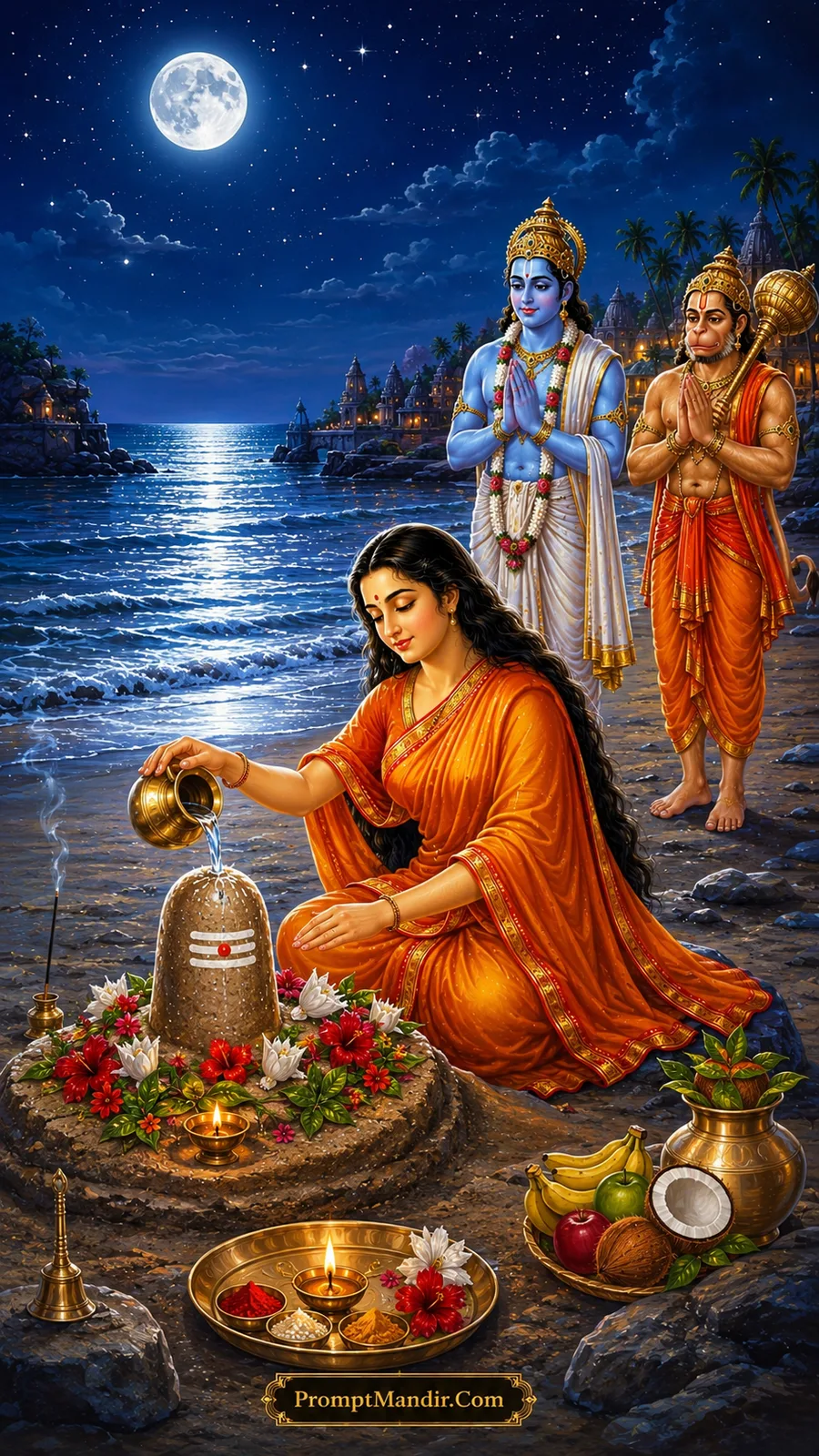 Devotee worshipping Shivling on moonlit seashore with Rama and Hanuman