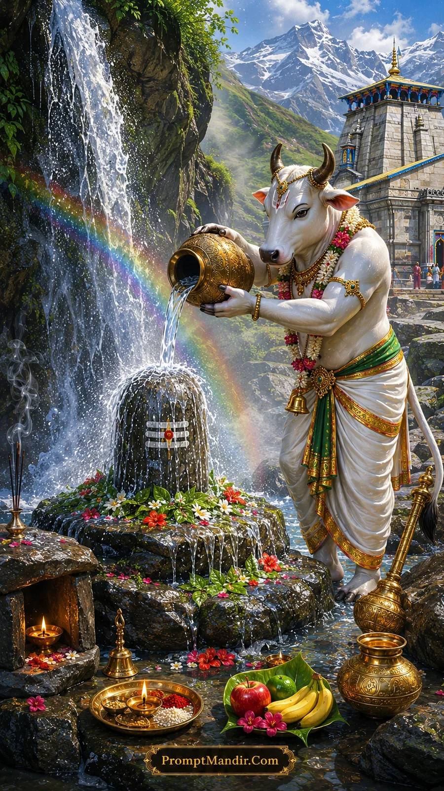Sacred cow offering water to Shivling near waterfall and mountain temple