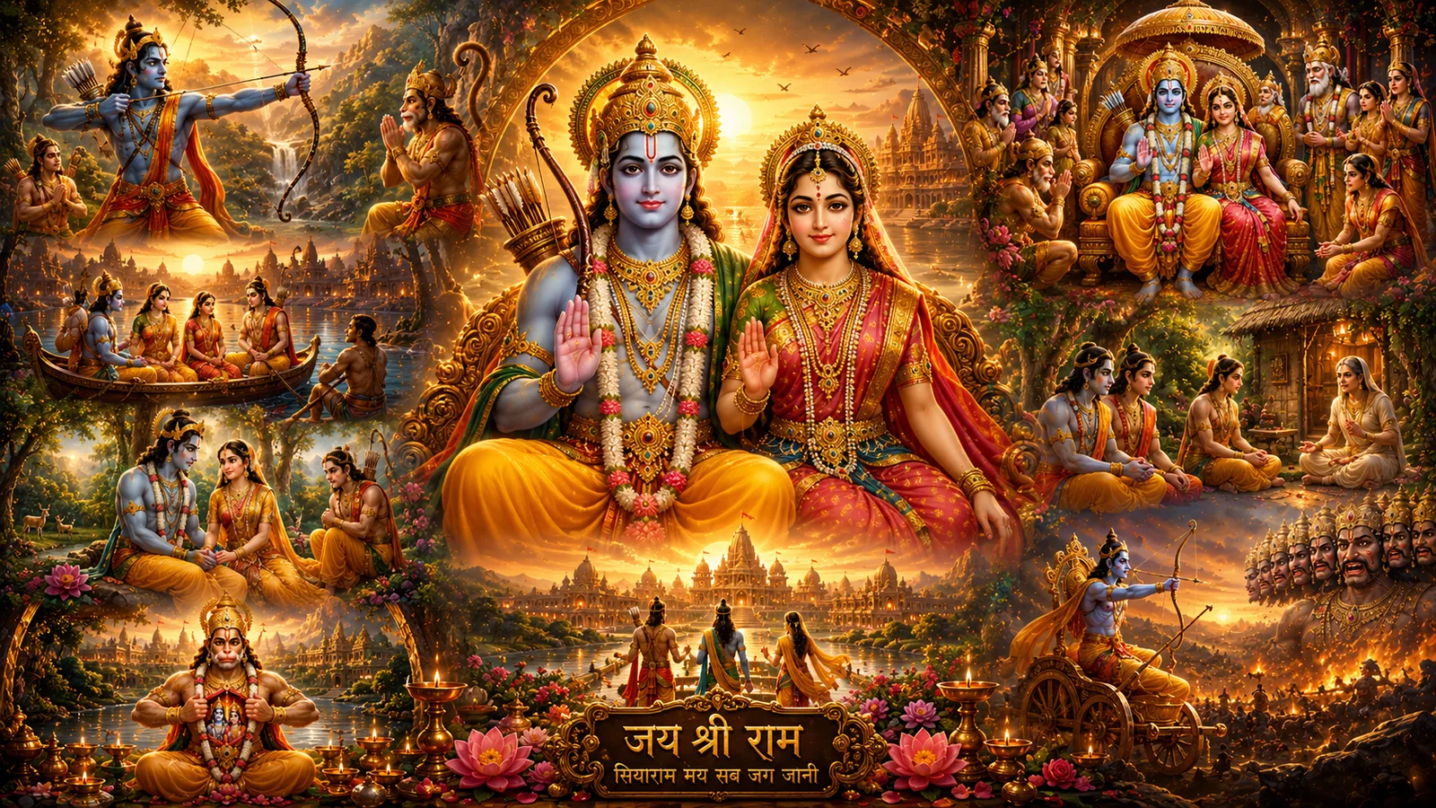 Rama Sita Hanuman AI art prompts collection featuring Ramayana scenes, Ayodhya, devotion, battle moments, and cinematic spiritual storytelling