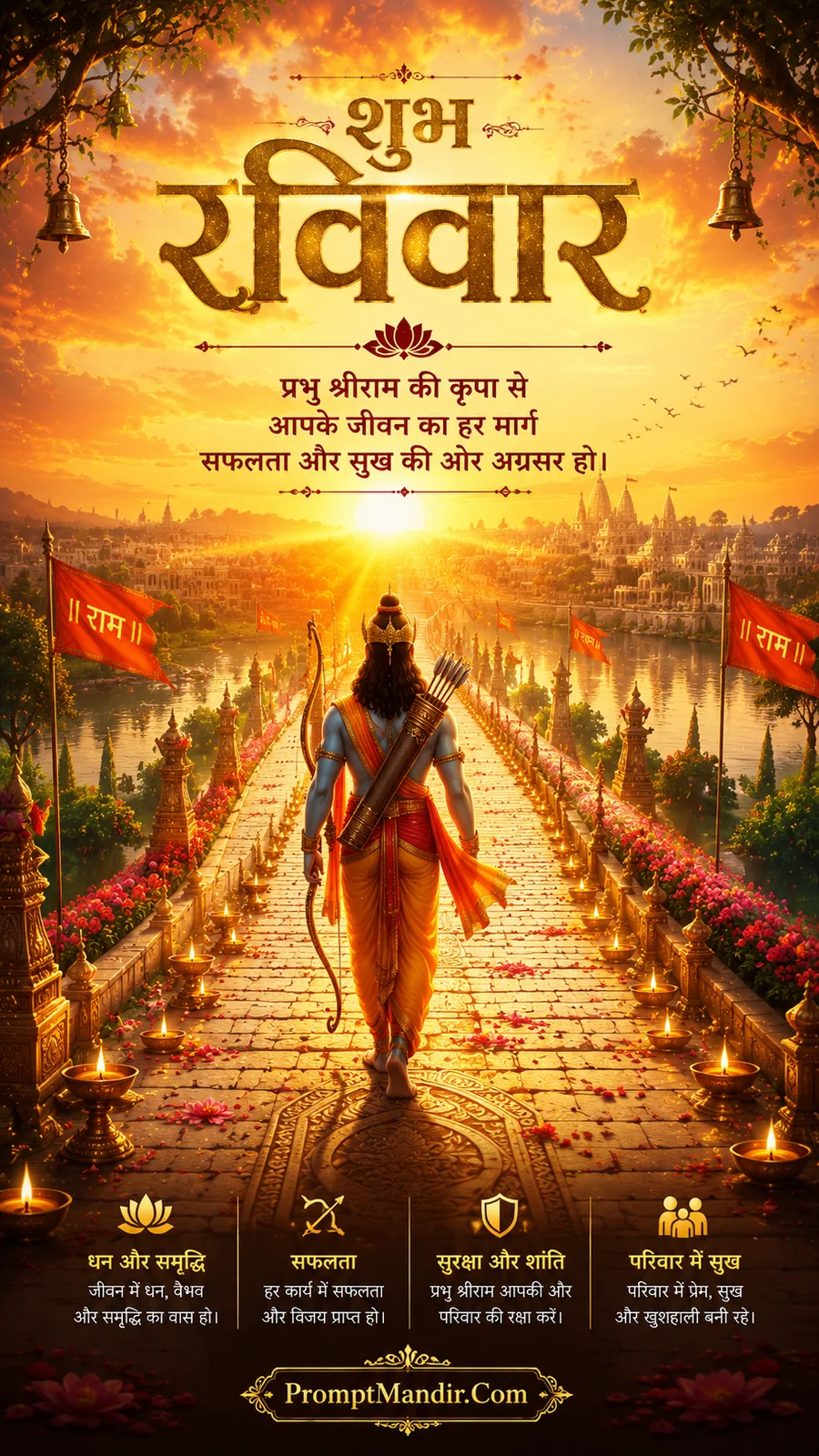 Lord Ram walking toward Ayodhya at sunrise with sacred lamps and flags