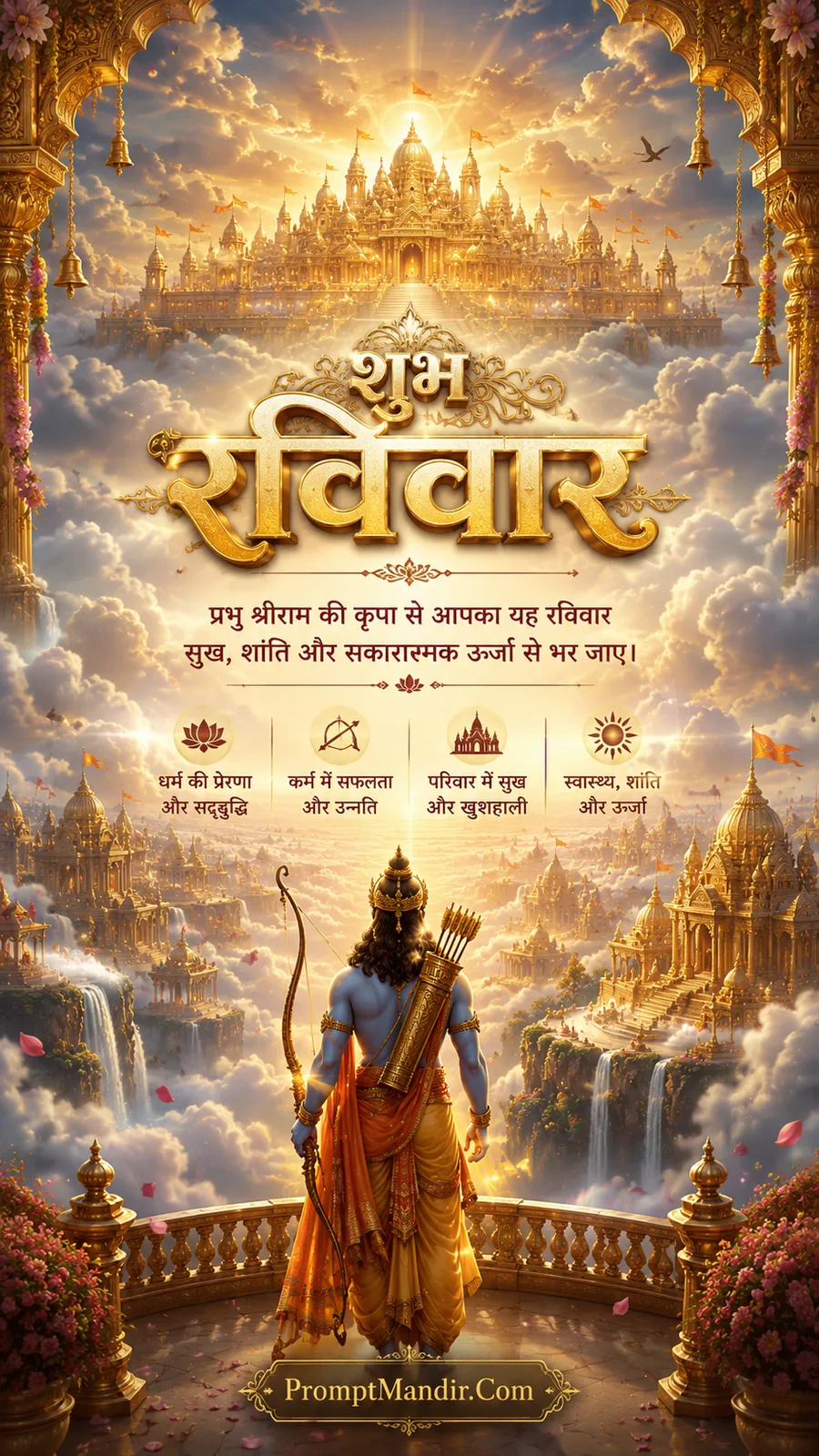 Lord Ram overlooking heavenly temple city above glowing clouds and waterfalls