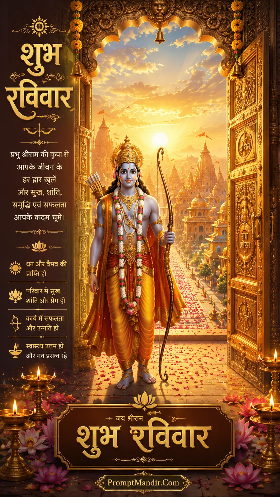 Lord Ram standing at ornate temple gateway with golden Ayodhya backdrop