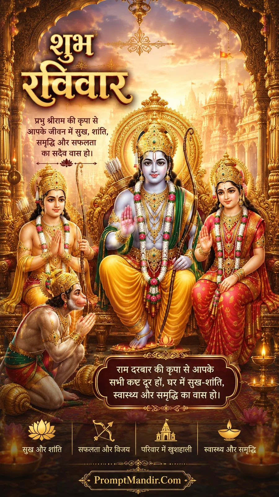 Ram Darbar with Hanuman offering prayers in ornate royal temple
