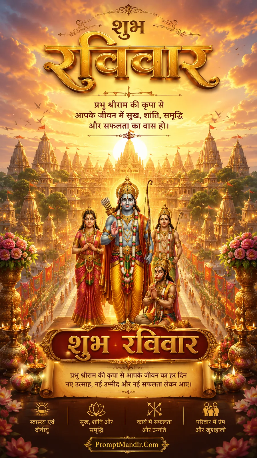 Lord Ram with Sita, Lakshman and Hanuman in golden Ayodhya city