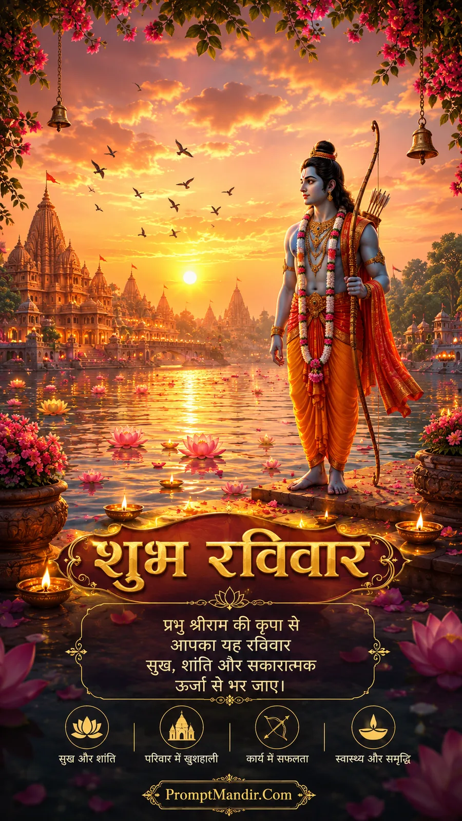 Lord Ram beside lotus-filled river with temples under golden sunset