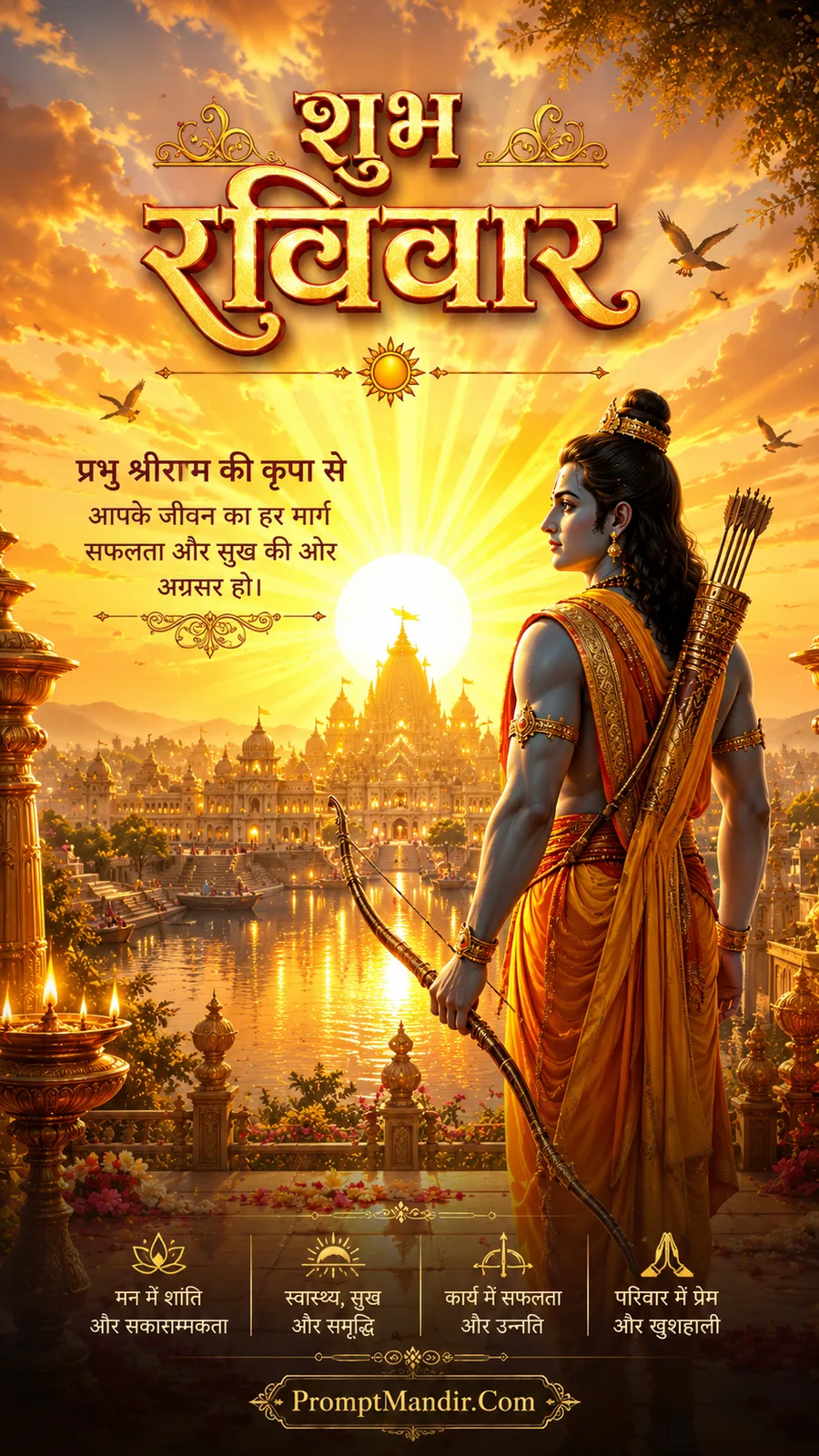 Lord Ram overlooking sacred city with glowing temple and sunrise rays