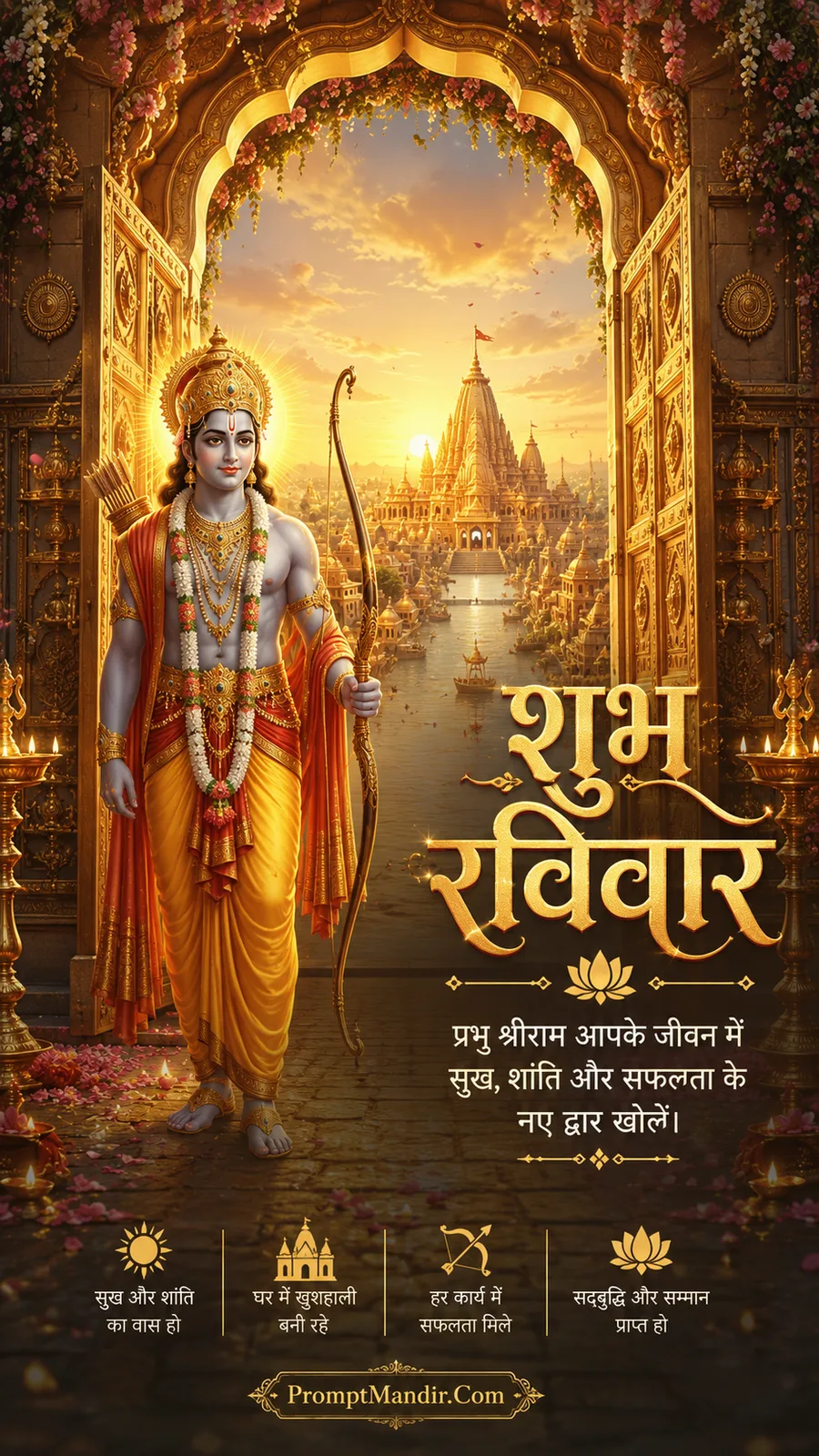 Lord Ram standing at floral temple entrance with glowing sacred city