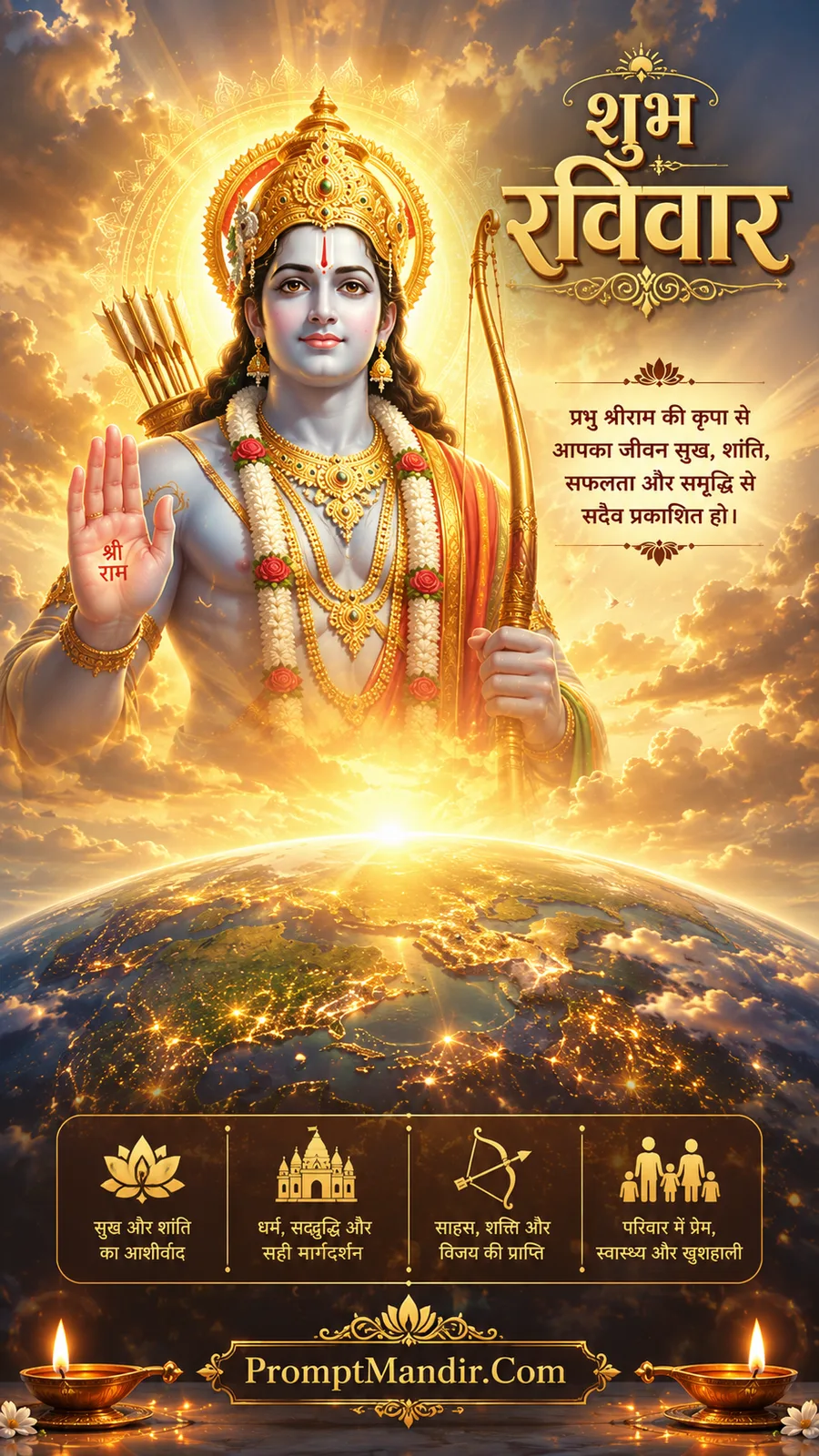 Lord Ram blessing the world above glowing Earth and radiant clouds