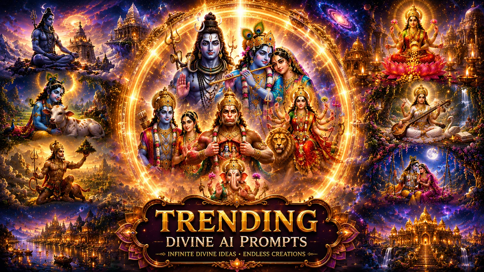 Trending AI Collections Divine Hindu deities collage featuring Shiva Krishna Durga Lakshmi and Hanuman