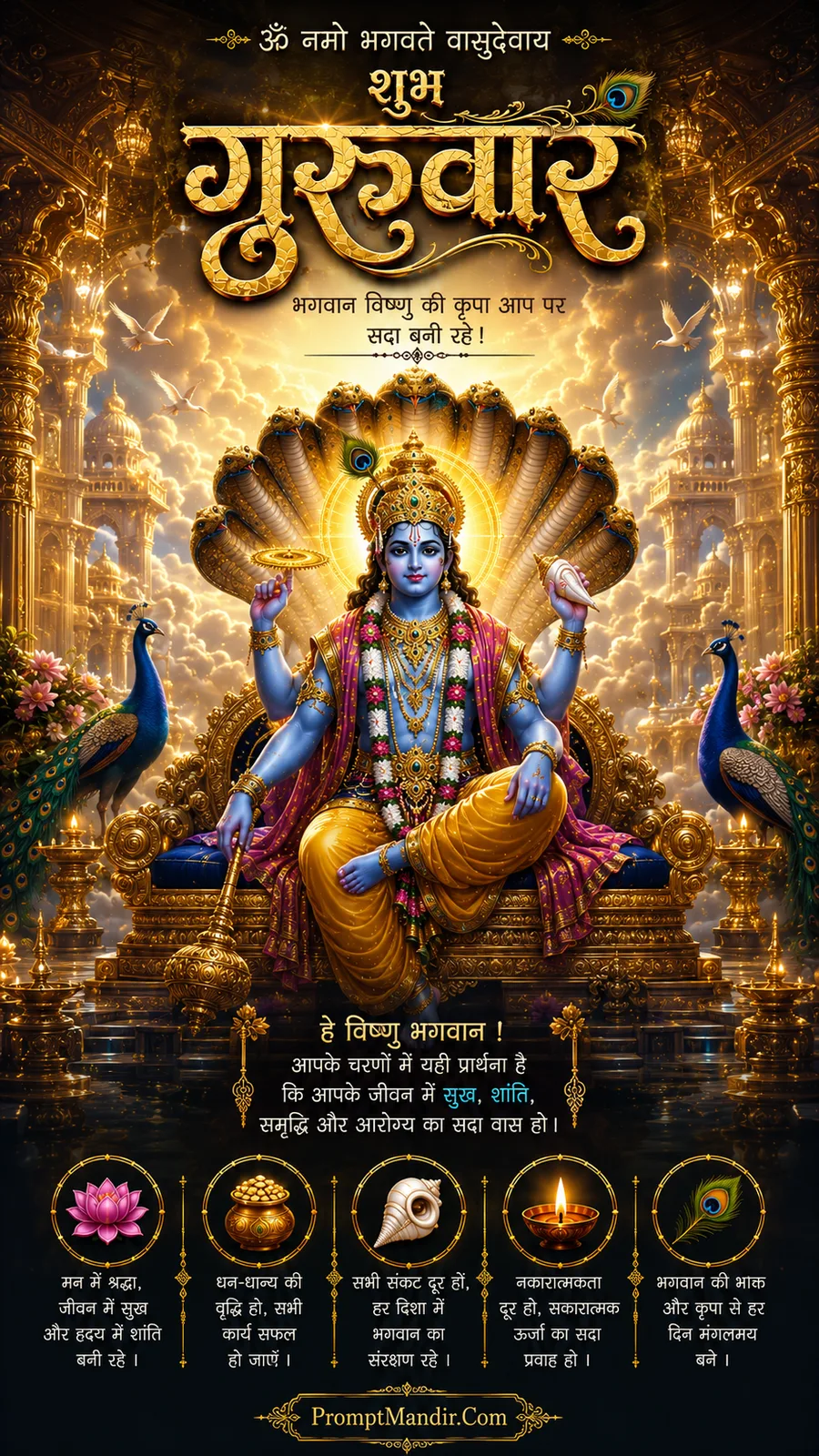 Lord Vishnu seated on golden throne beneath Sheshnag in divine palace