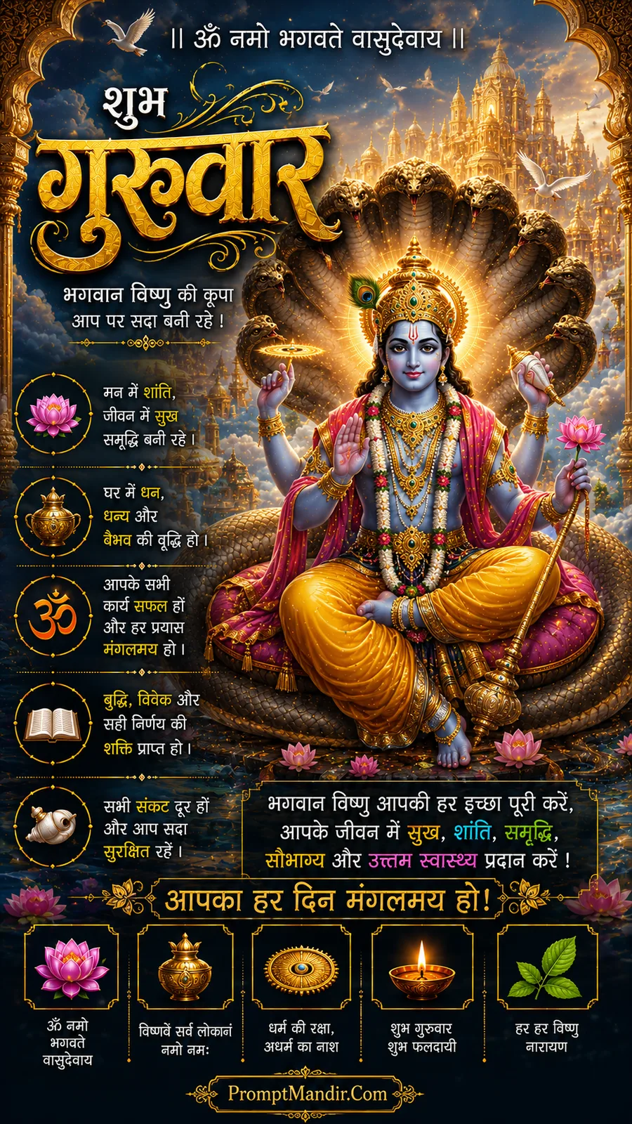 Lord Vishnu seated on Sheshnag surrounded by heavenly golden clouds