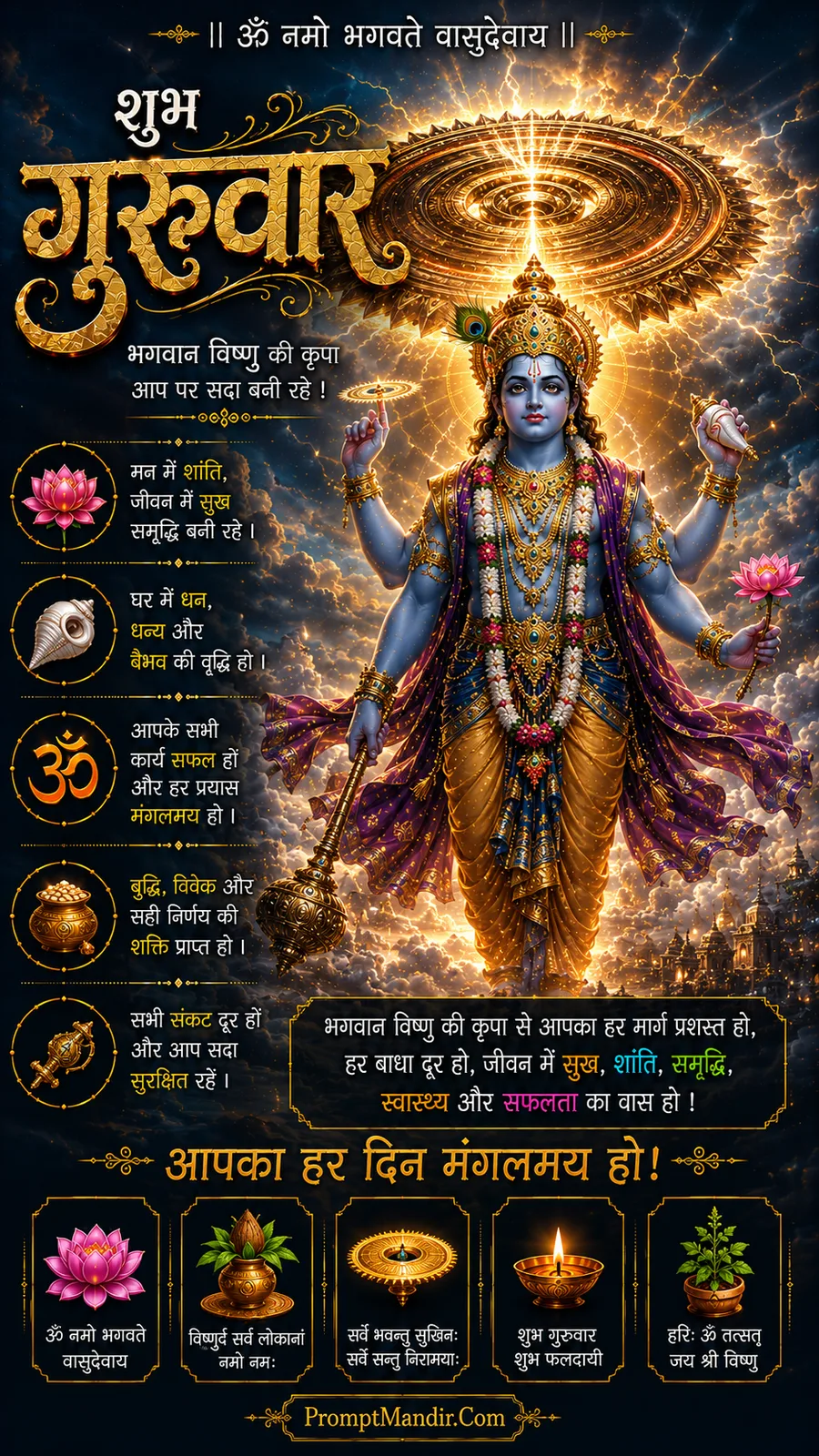 Lord Vishnu standing among clouds beneath radiant Sudarshan Chakra
