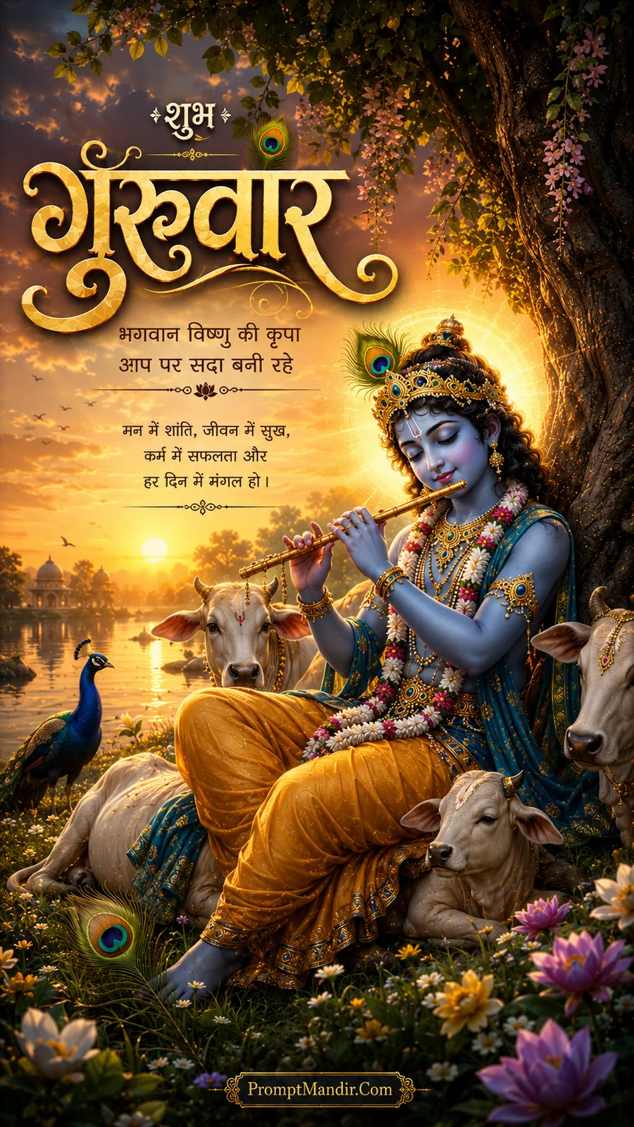 Lord Krishna playing flute beneath tree beside cows and peacock