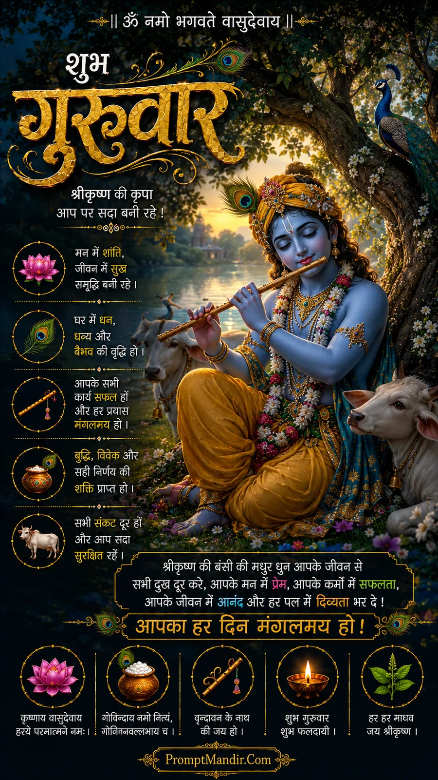 Young Krishna playing flute beneath tree surrounded by gentle cows
