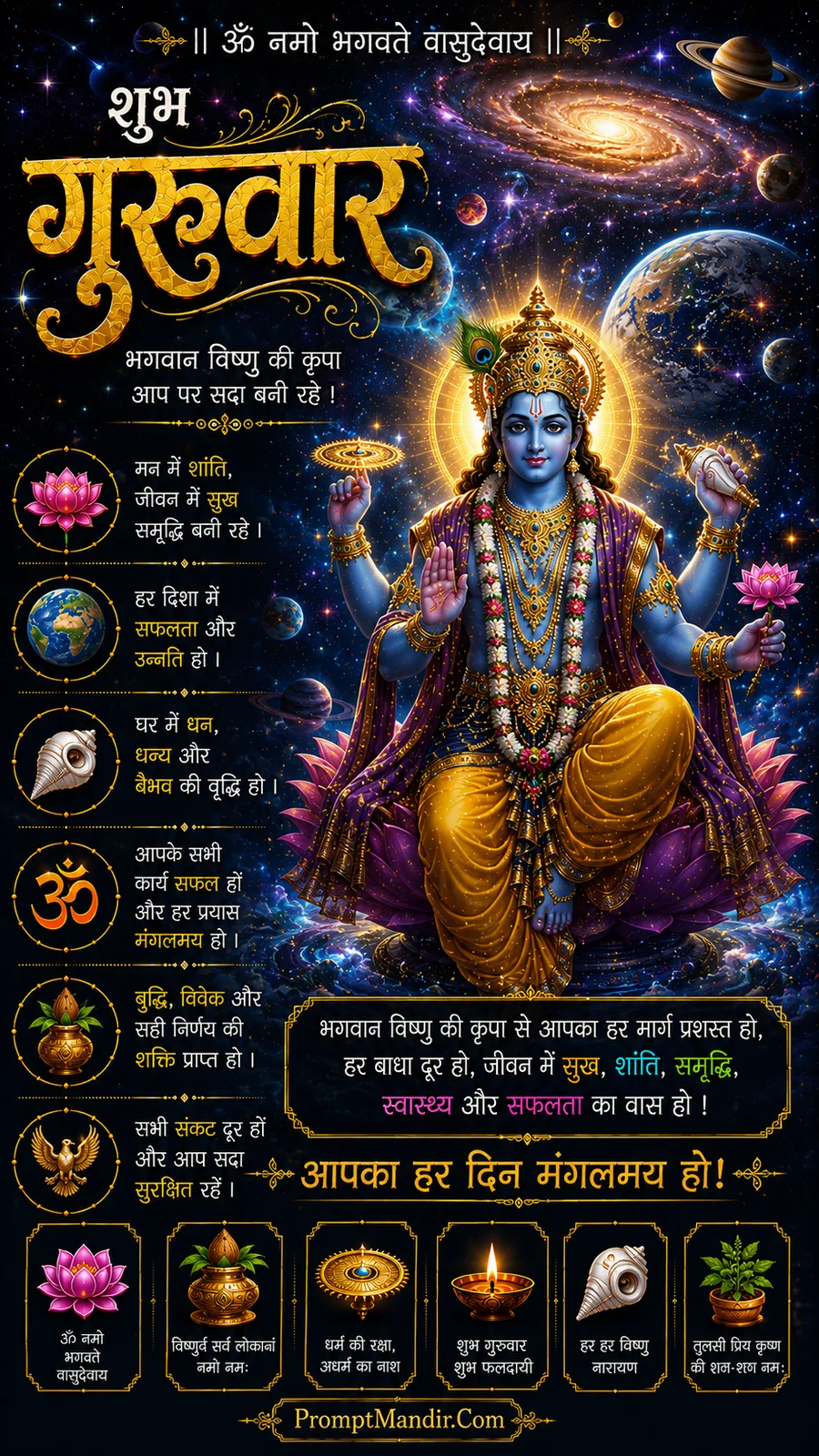 Lord Vishnu seated on lotus amid galaxies planets and cosmic light
