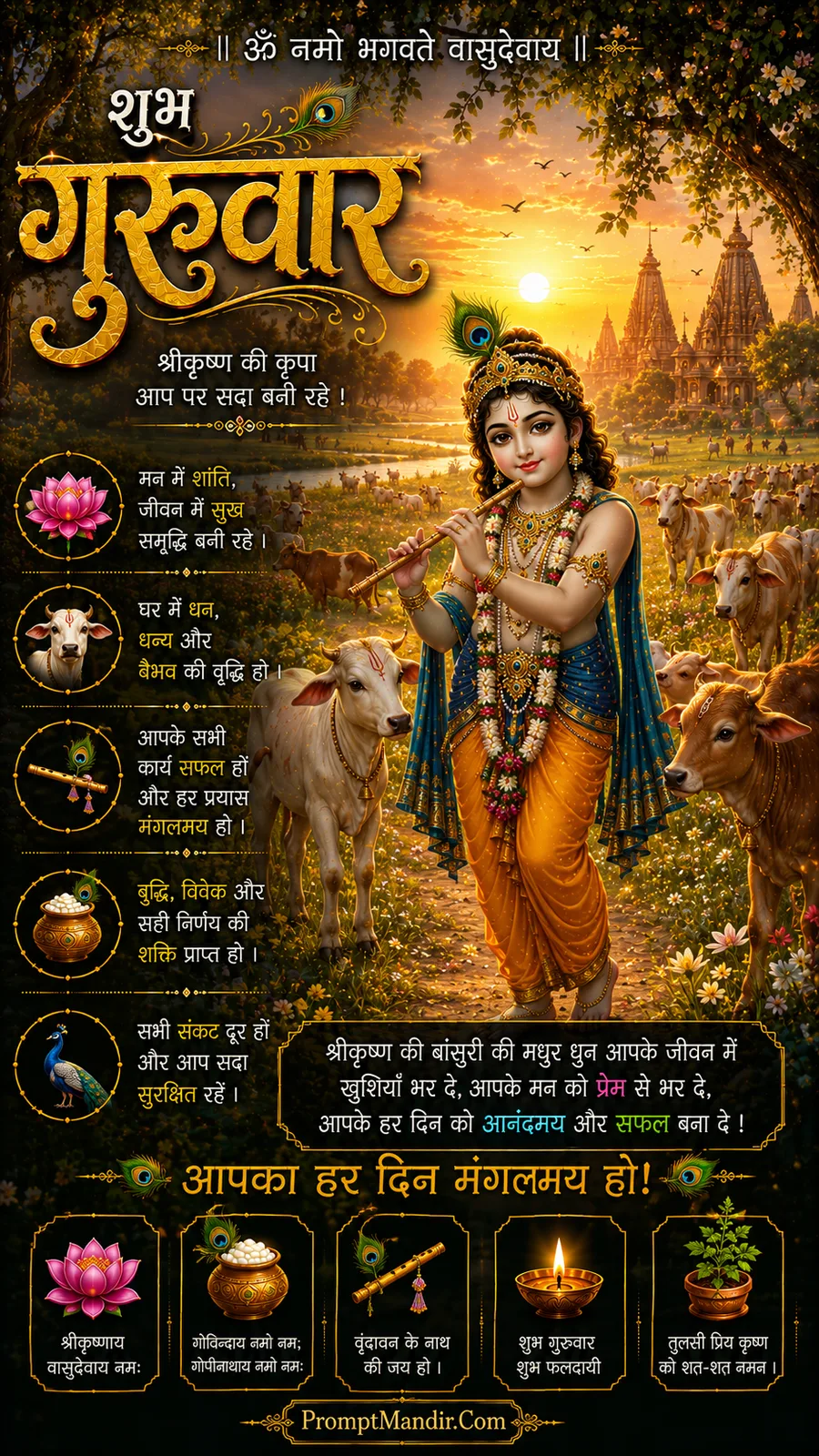 Young Krishna walking through meadow surrounded by cows at sunrise