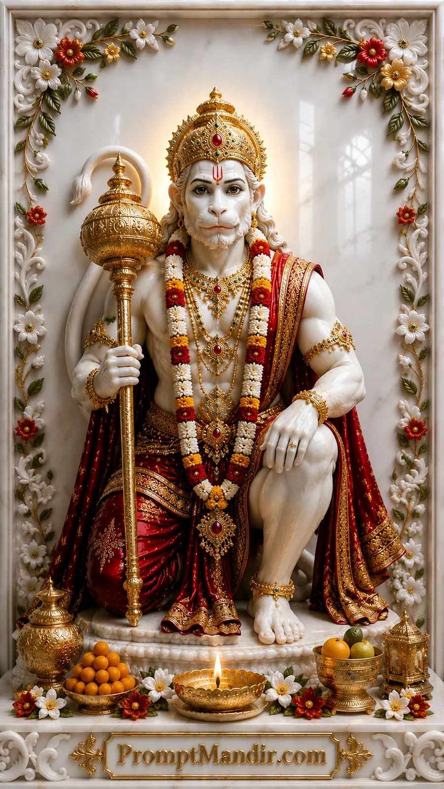 Divine Lord Hanuman kneeling with golden gada before glowing diya on elegant marble temple backdrop