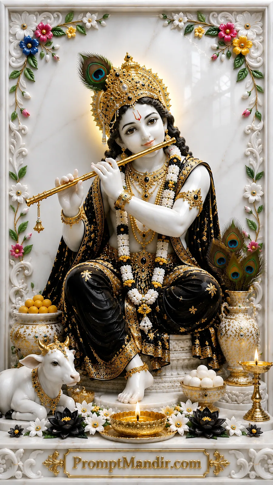 Lord Krishna playing flute with peacock feather crown inside elegant white marble devotional frame