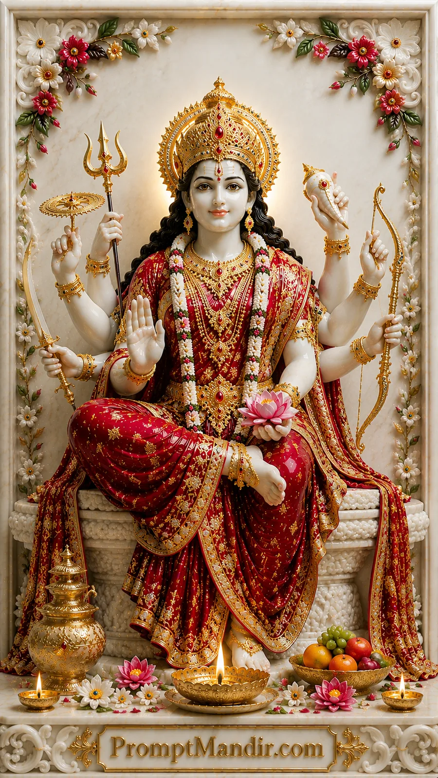 Divine Goddess Durga seated with sacred weapons and lotus inside ornate marble devotional shrine