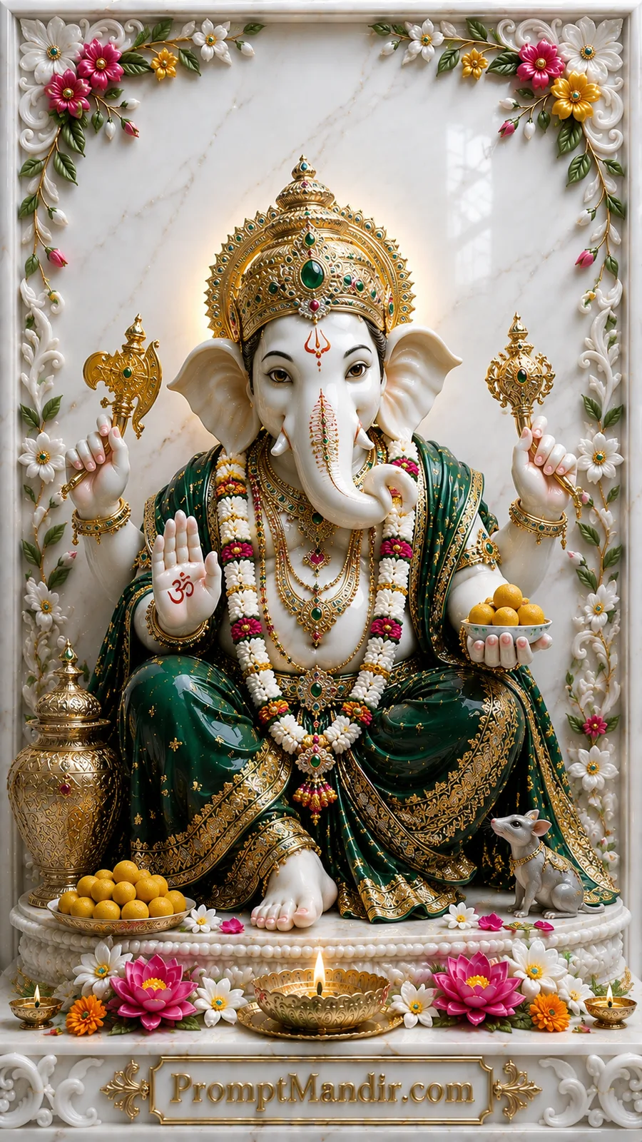 Lord Ganesha seated with modaks and blessings inside elegant white marble floral devotional frame