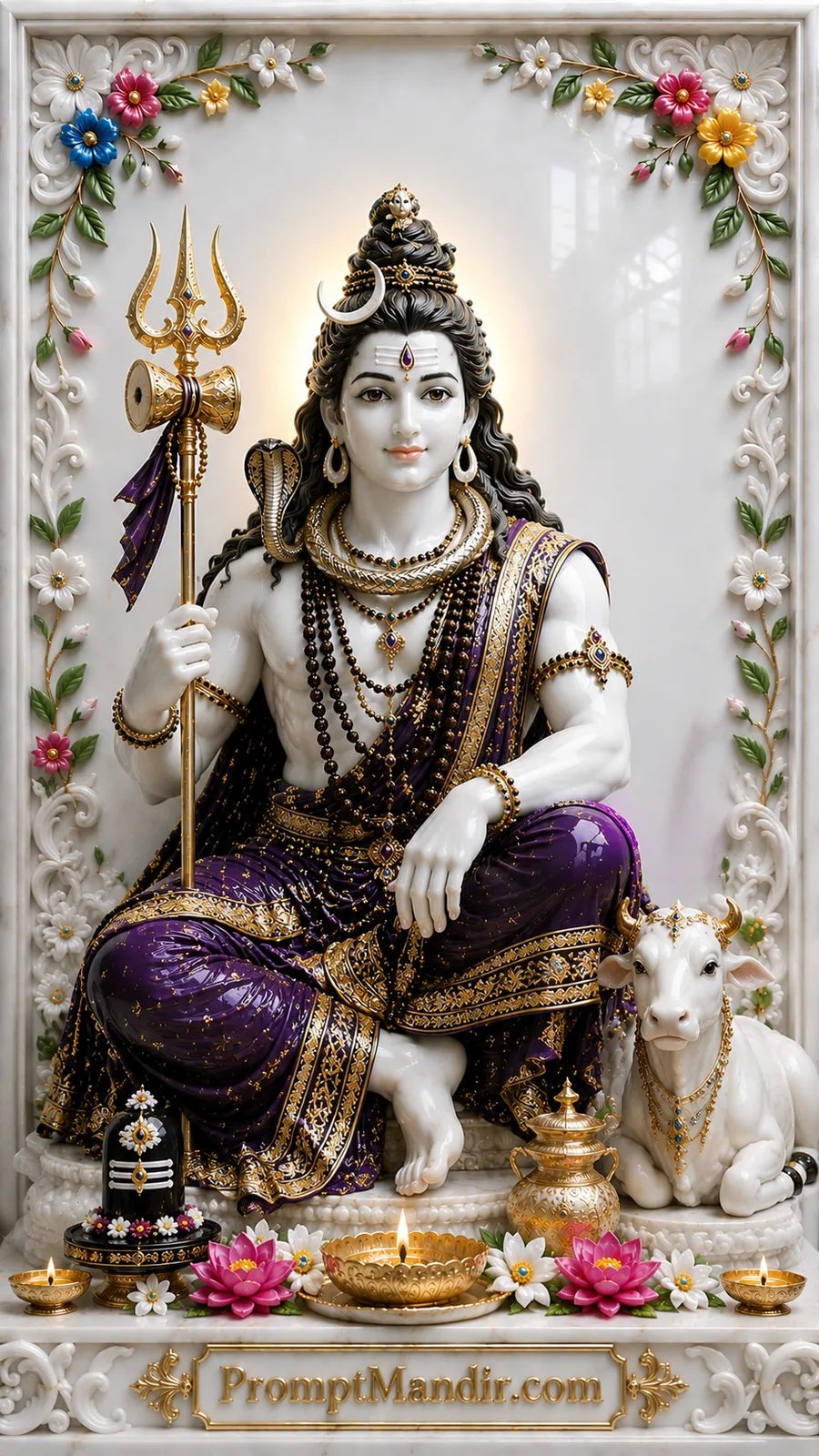 Meditative Lord Shiva holding trident beside Nandi in elegant marble temple devotional artwork