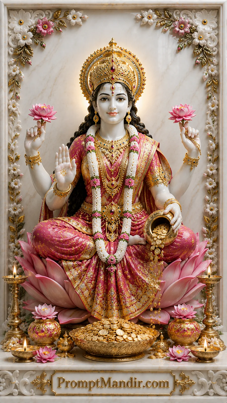 Goddess Lakshmi seated on blooming lotus showering golden coins inside elegant marble shrine