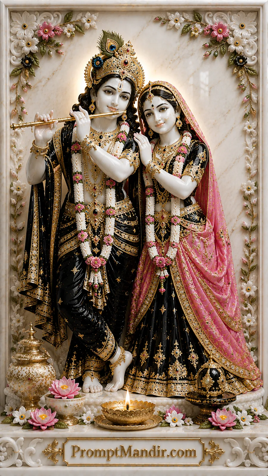 Radha and Krishna standing together with flute inside elegant marble devotional floral frame