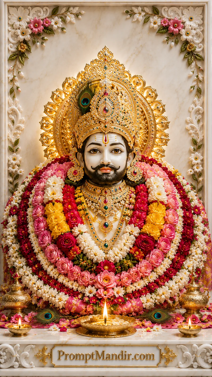 Sacred Khatu Shyam adorned with colorful flower garlands and radiant golden crown on marble shrine