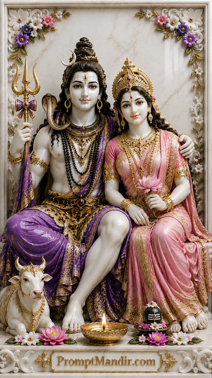 Lord Shiva and Goddess Parvati seated together inside elegant white marble devotional sanctuary