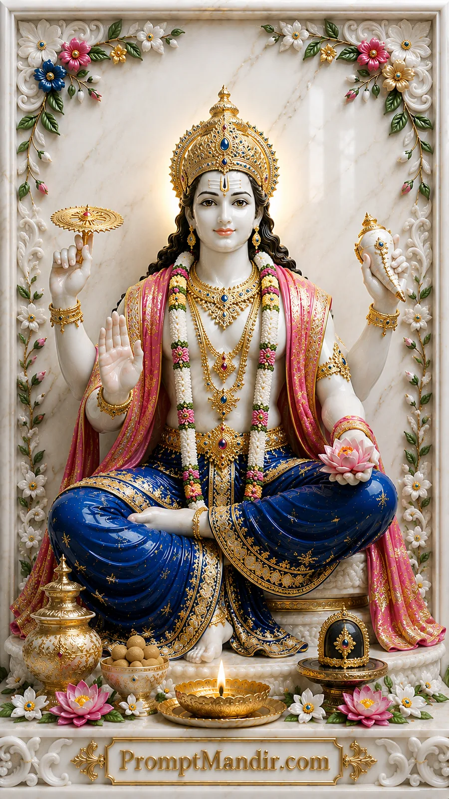 Lord Vishnu seated with Sudarshan Chakra and conch inside elegant marble devotional shrine