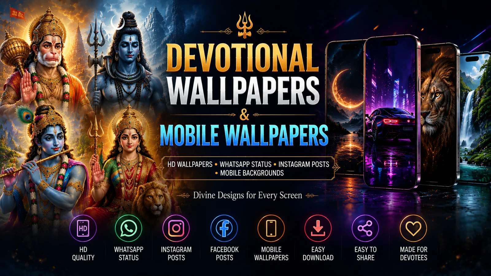 Divine and Mobile Wallpapers Collection featuring Mahadev, Hanuman Ji, Krishna, AMOLED, 3D and HD wallpapers