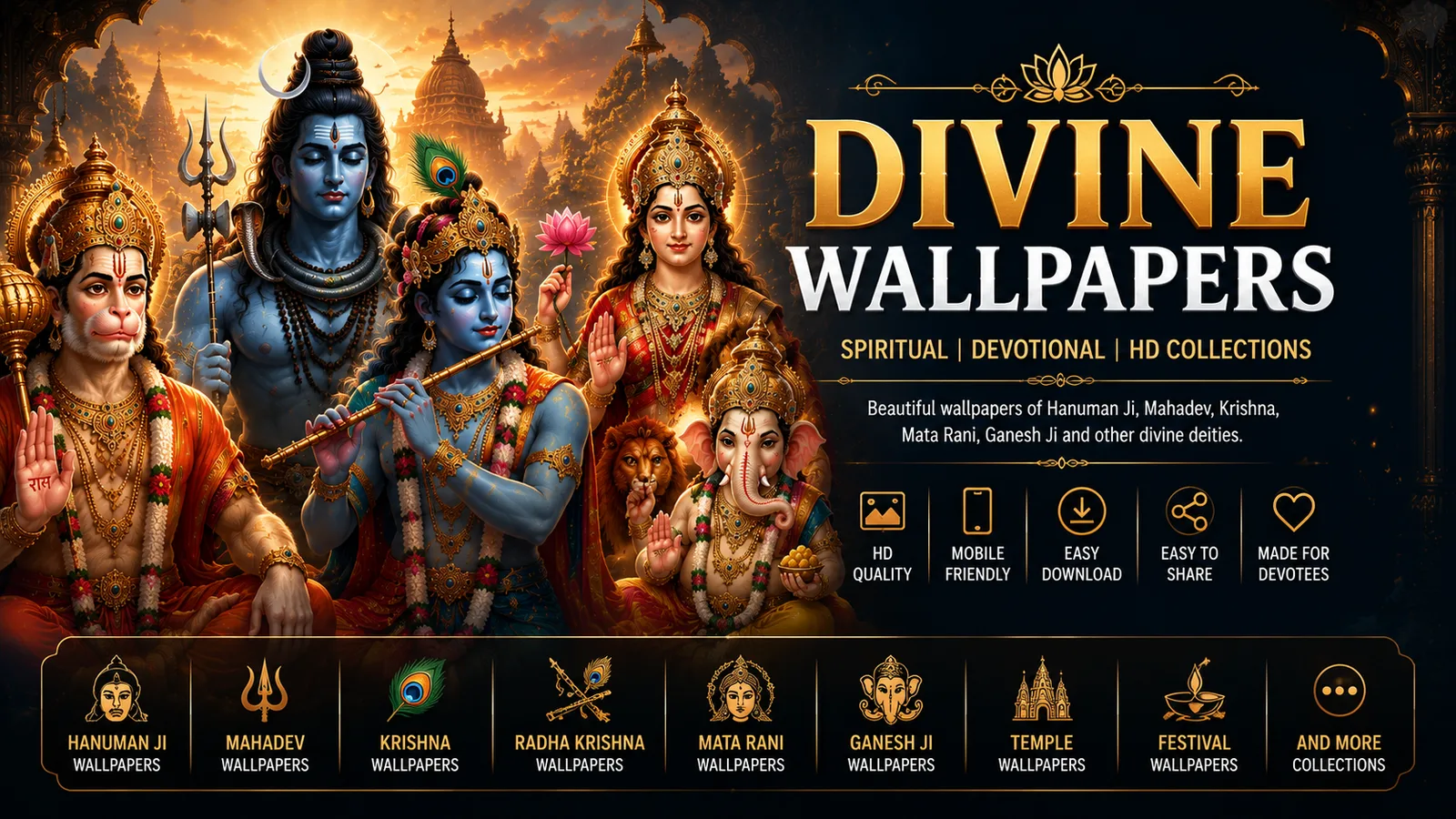 Divine wallpapers featuring Mahadev, Hanuman Ji, Krishna, Radha Krishna and Hindu devotional artwork
