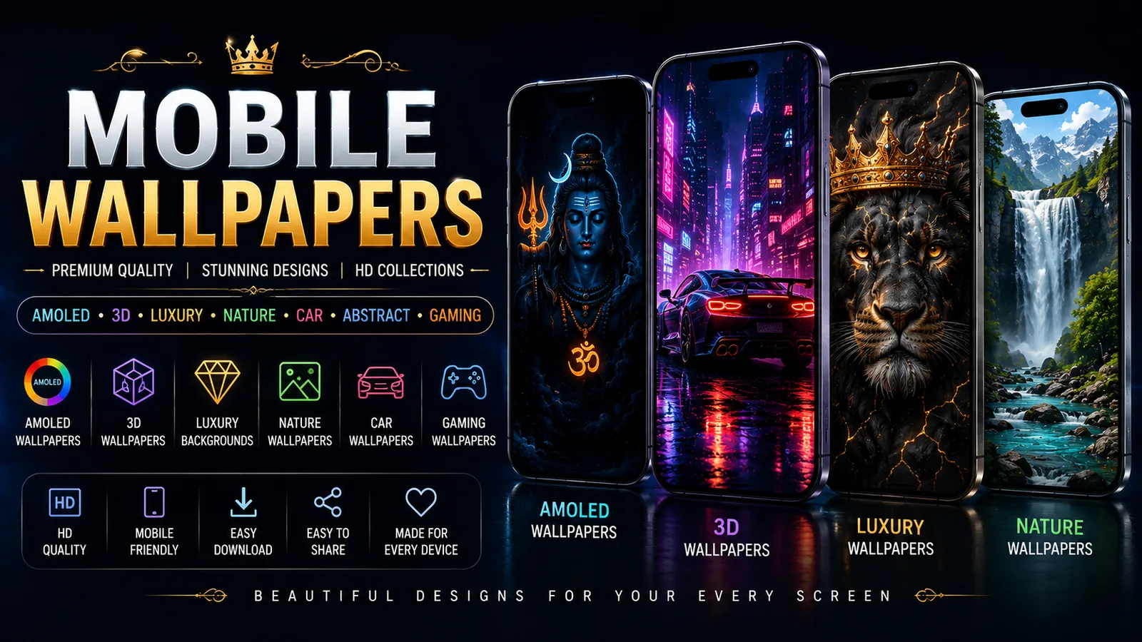 Mobile wallpapers including AMOLED, 3D, luxury, abstract, gaming and HD smartphone backgrounds