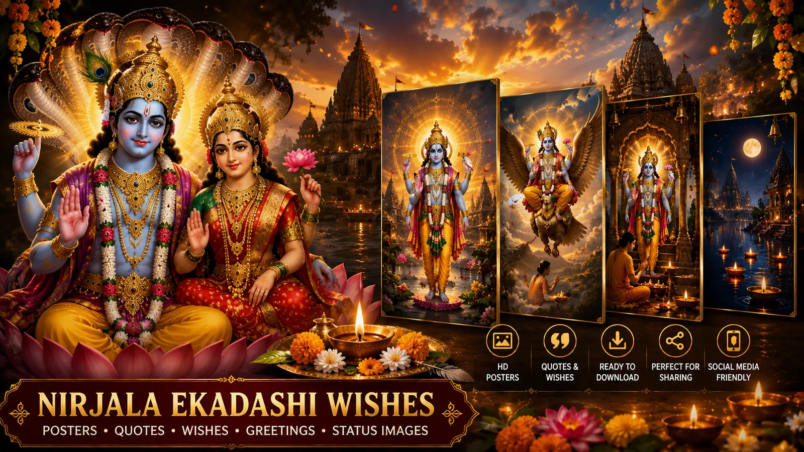 Nirjala Ekadashi Wishes posters, quotes, greetings and status images featuring Lord Vishnu and devotional Hindu artwork