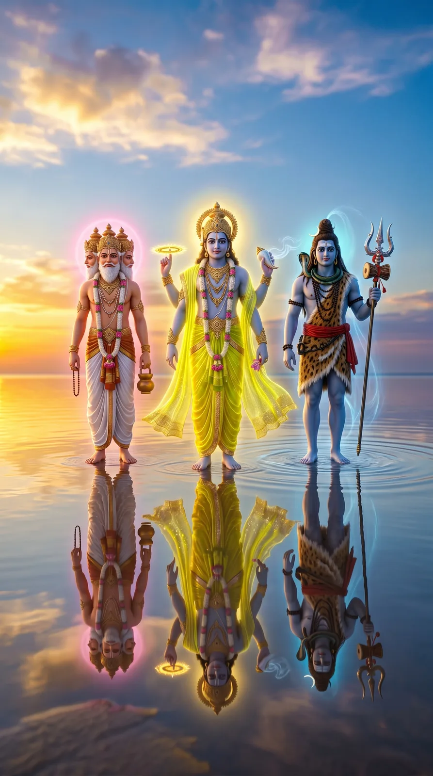 Tridev standing on reflective water with divine golden sunrise and spiritual aura