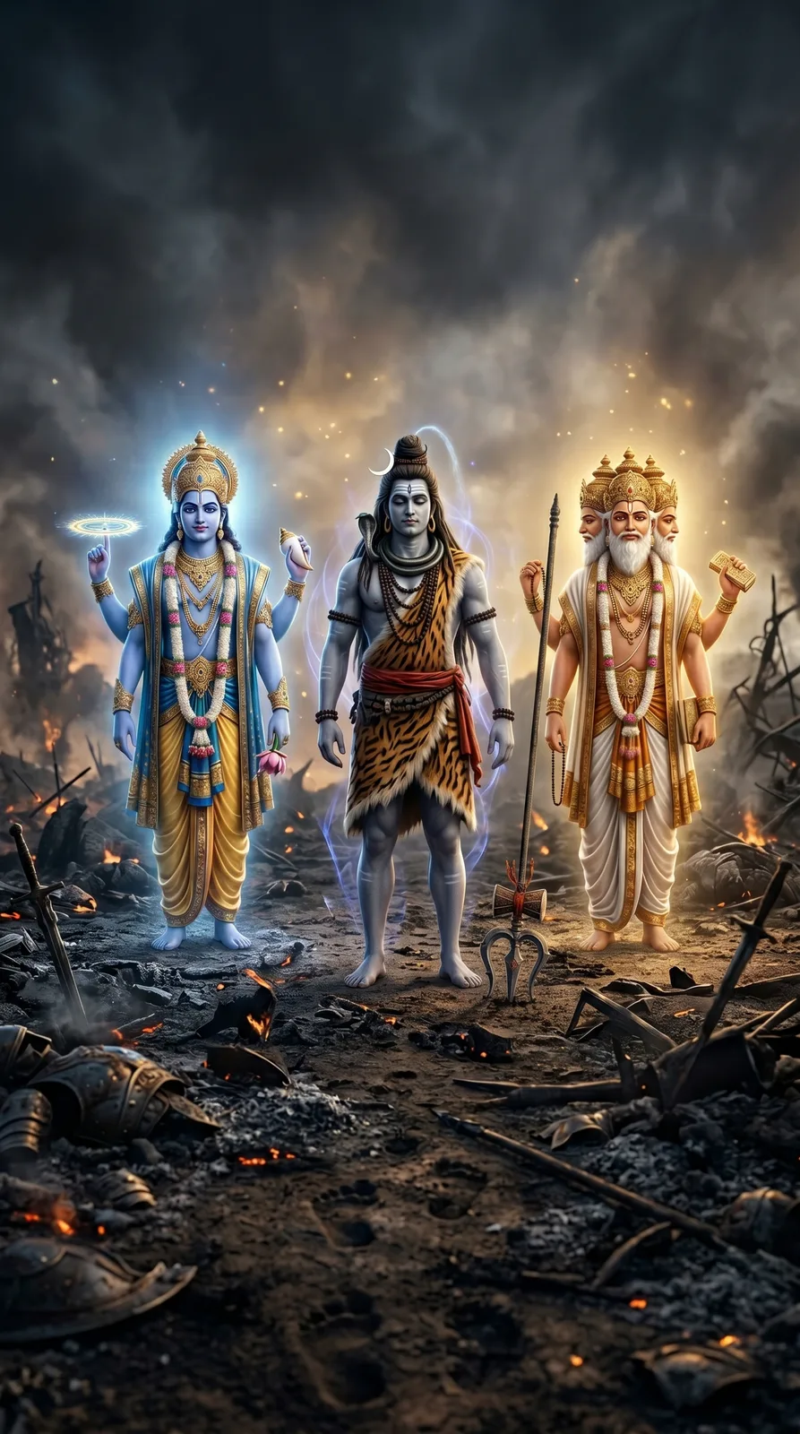 Tridev standing on ancient battlefield with cosmic energy and dramatic atmosphere