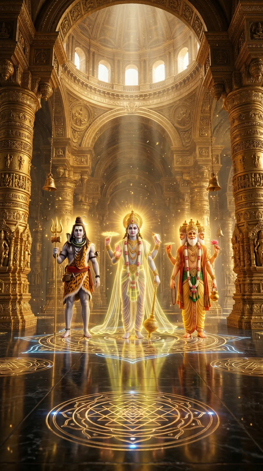 Tridev inside grand golden temple with celestial light and sacred architecture