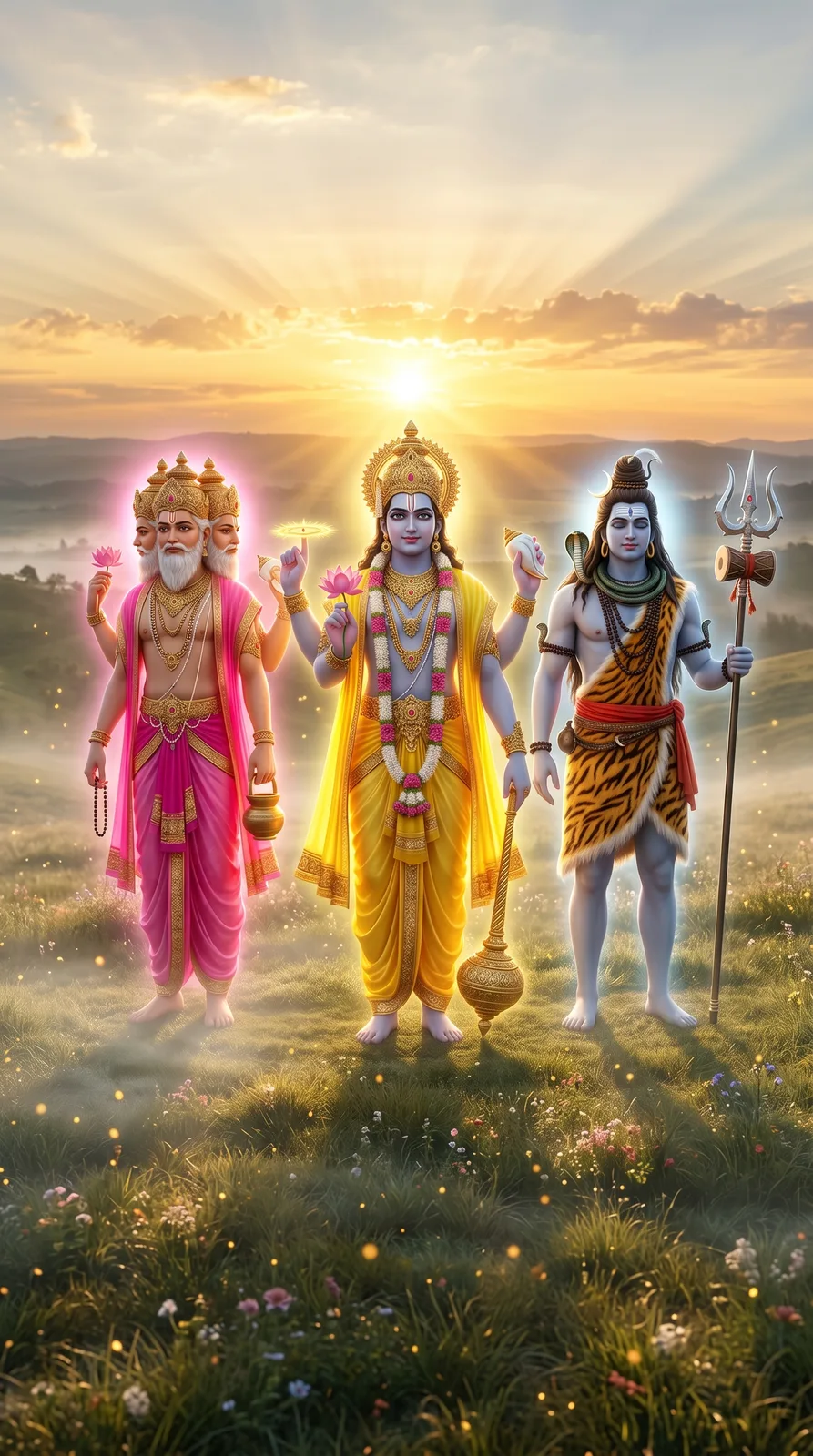 Tridev standing in heavenly meadow at sunrise with glowing divine aura