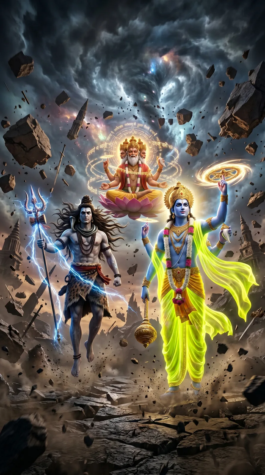 Tridev amidst cosmic destruction with floating rocks and celestial power
