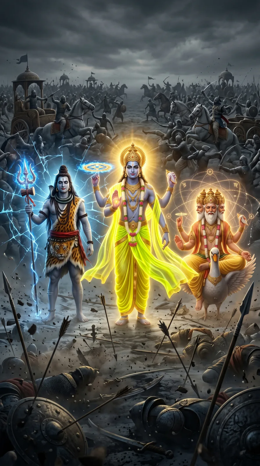 Tridev on mythological battlefield with divine glow and celestial protection