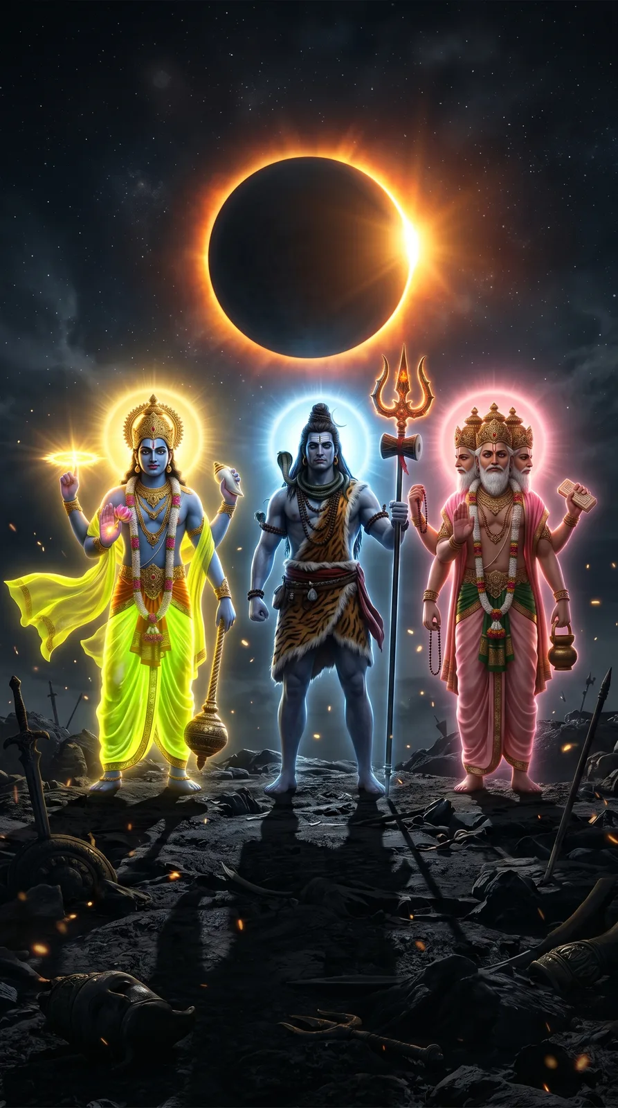 Tridev beneath solar eclipse with mystical cosmic energy and sacred aura