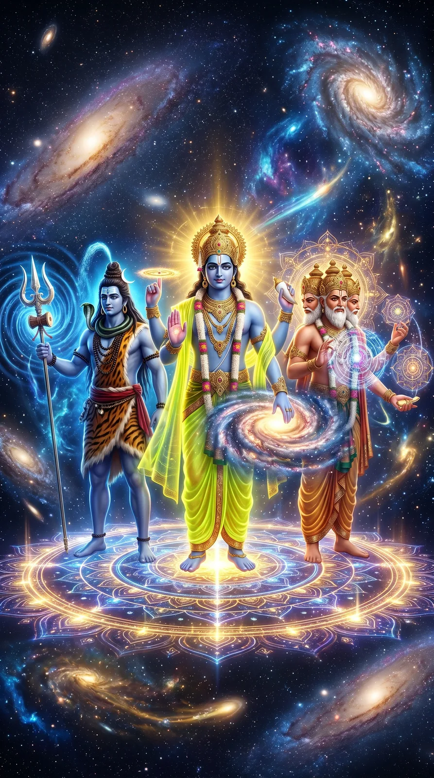 Tridev standing among galaxies and cosmic mandala in deep space