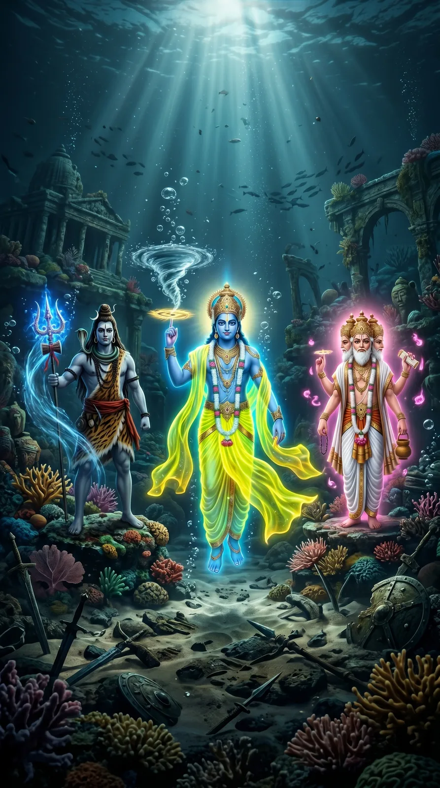 Tridev beneath ocean with ancient ruins coral reefs and divine light rays