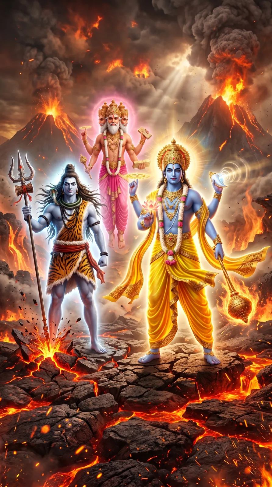 Tridev among volcanic mountains and lava rivers with celestial radiance