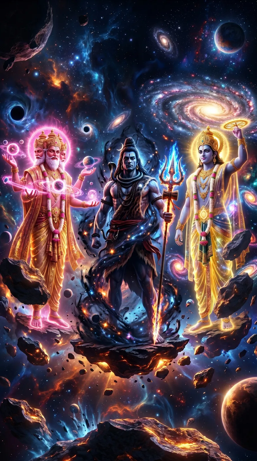 Tridev floating in cosmic space with planets galaxies and celestial energy